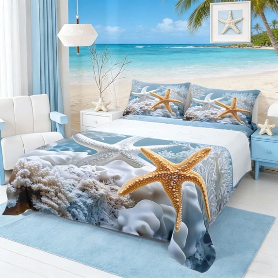 Manfei Starfish Coral Underwater Queen Sheet Sets for Kids Boys and Girls, Marine Coastal Print Bed Set 4-Piece, 1 Flat Sheet, 1 Fitted Sheet and 2 Pillowcases