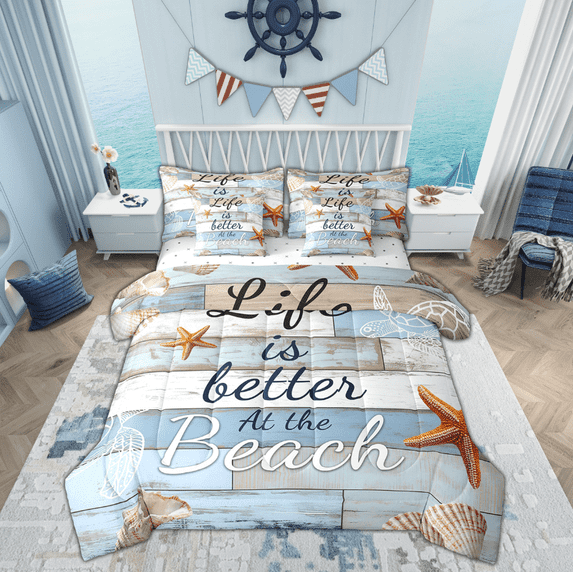 Manfei Starfish Sealife Bedding Sets Twin Size, Rustic Farmhouse Bed in a Bag Twin size, Wooden Plank Reversible Comforter Sets with Sheets, Ultra Soft Room Decorative, 7pcs