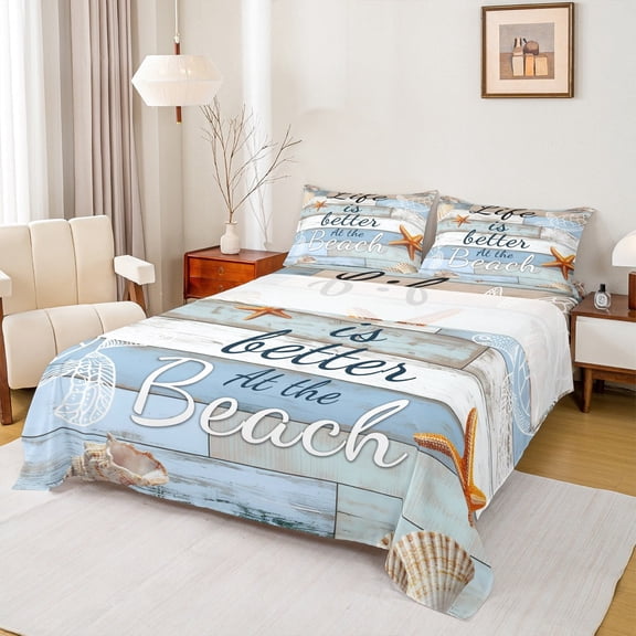 Manfei Starfish Sealife Twin Sheet Sets, Rustic Farmhouse Sheet Set Twin, Wooden Plank Bed Sheets Set Twin Size, Ultra Soft Room Decorative, 3pcs