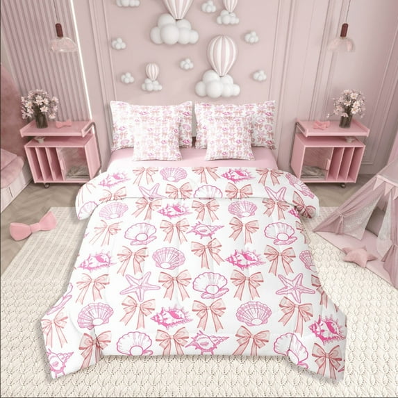 Manfei Starfish Seashell 7pcs Bedding Comforter Set,Kawaii Bow Tie Queen Bedding Sets Super Cozy,Ocean Sea Queen Sheet Sets,Super Cozy Cute Bedroom Decorative,Reversible