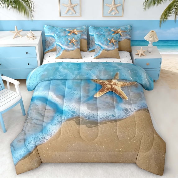 Manfei Starfish Wave Beach Bedding Comforter Set for Kids Boys and Girls, Marine Life Print Queen Bedding Sets, Reversible 7 Pieces