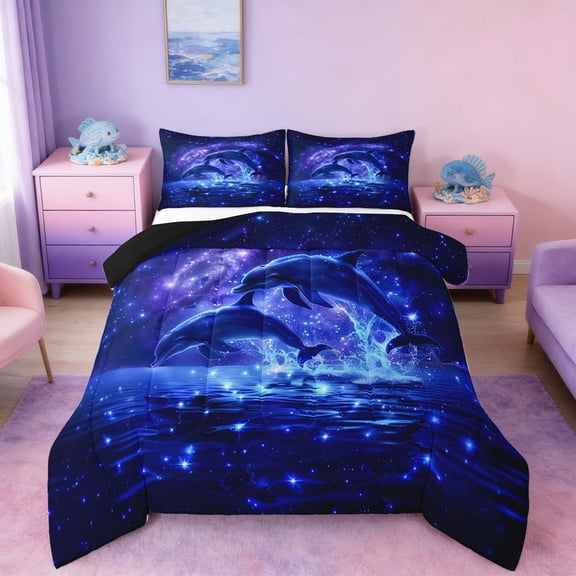 Manfei Starry Ocean Dolphin Queen Comforter Set for Kids Boys and Girls, Marine Fantasy Print Bedding Comforter Set, Black Reversible 3 Pieces, 1 Comforter and 2 Pillowcases