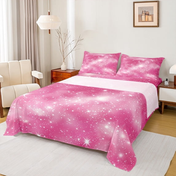 Manfei Starry Sky Print Twin Sheet Sets,Modern Minimalist Art Twin Fitted Sheet,Pink White Flat Sheet For Girls Kids,Luxury Bedroom Decor,3pcs