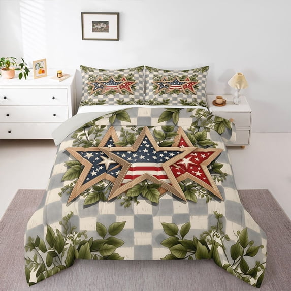 Manfei Stars American Flag Queen Comforter Set,Green Leaf Checkered Comforter Sets Queen,Green Gray,Light Gray Reversible,3 Pieces,1 Comforter and 2 Pillowcases