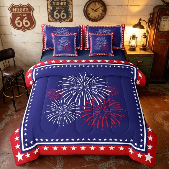Manfei Stars Fireworks Twin Bedding, Independence Day Bedding Comforter Set, Red White Blue, Navy Reversible 7 Pieces