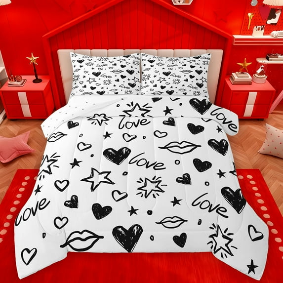 Manfei Stars Loves Print Queen Comforter Set,Graffiti Artwork Bedding Sets,White Black Bedding Comforter Set For Girls Kids,Ultra Soft Home Decor Reversible,3pcs