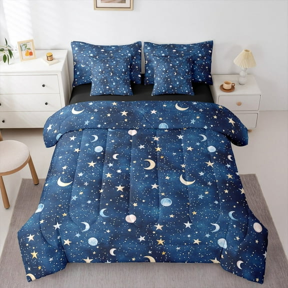 Manfei Stars Moon Planet Bedding Comforter Set 7pcs,Space Starry Queen Bedding Sets,Dreamy Blue Queen Sheet Sets For Teens,Breathable Home Decor Reversible