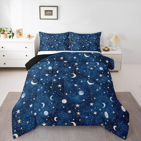 Manfei Stars Moon Planet Full Size Comforter Sets,Space Starry Bedding Comforter Set,Dreamy Blue Bedding Sets For Teens,Breathable Home Decor Reversible,3-Piece