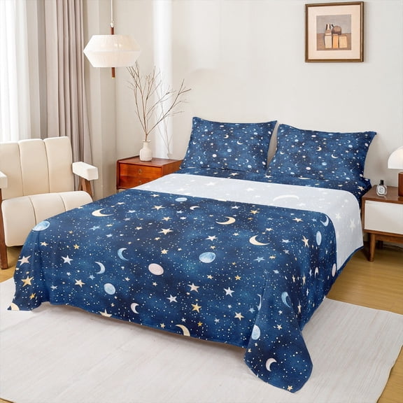 Manfei Stars Moon Planet Full Size Sheets,Space Starry Bed Sheets,Dreamy Blue Sheet Sets For Teens,Breathable Home Decor,4-Piece