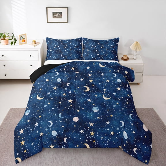 Manfei Stars Moon Planet Queen Comforter Set,Space Starry Bedding Sets,Dreamy Blue Bedding Comforter Set For Teens,Breathable Home Decor Reversible,3 Pieces