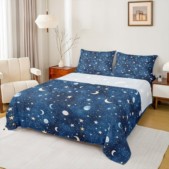 Manfei Stars Moon Planet Twin Sheet Sets,Space Starry Twin Fitted Sheet,Dreamy Blue Flat Sheet For Teens,Breathable Home Decor,3pcs