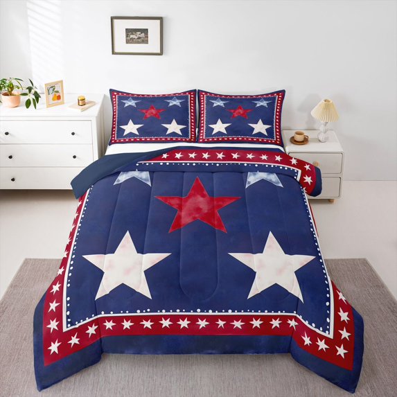 Manfei Stars Print Queen Comforter Set,Red Blue Comforter Sets Queen,Navy Blue Reversible,3-Piece,1 Comforter and 2 Pillowcases