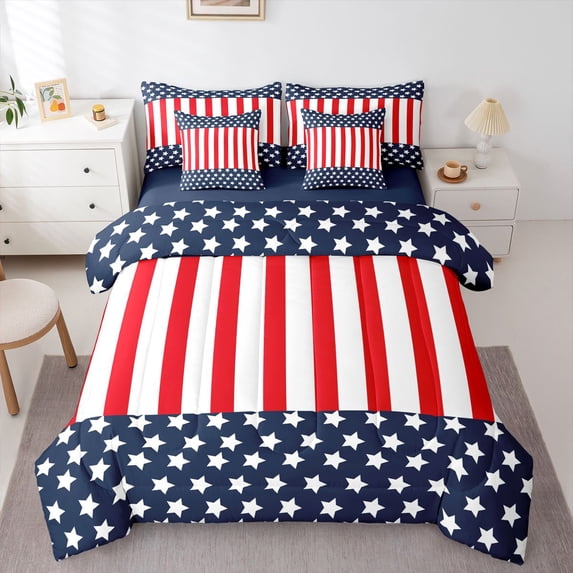 Manfei Stars Stripe 7-Piece Twin Bedding,Patriotic American Flag Bedding Comforter Set,Red Navy,Navy Blue Reversible