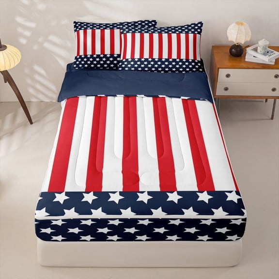 Manfei Stars Stripe Zipper Twin Comforter Sets with Fitted Sheet and 2 Pillowcases,Patriotic American Flag Zipper Bedding Set,Red Navy,Navy Blue Reversible,4pcs