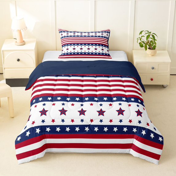 Manfei Stars Striped Twin Comforter Sets,Red Navy Bedding Set,Navy Blue Reversible,2pcs,1 Comforter and 1 Pillowcase