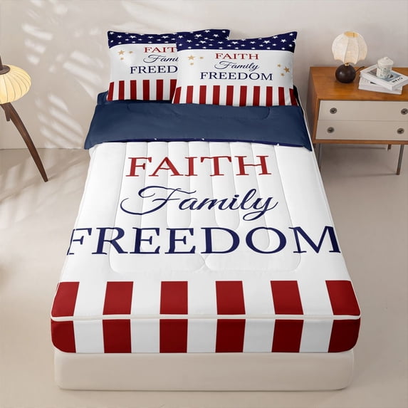 Manfei Stars Striped Zipper Queen Comforter Set with Fitted Sheet and 2 Pillowcases,Faith Family Freedom Print Zipper Bedding Set,Red White Navy Usa Flag Decor,Navy Blue Reversible,4pcs
