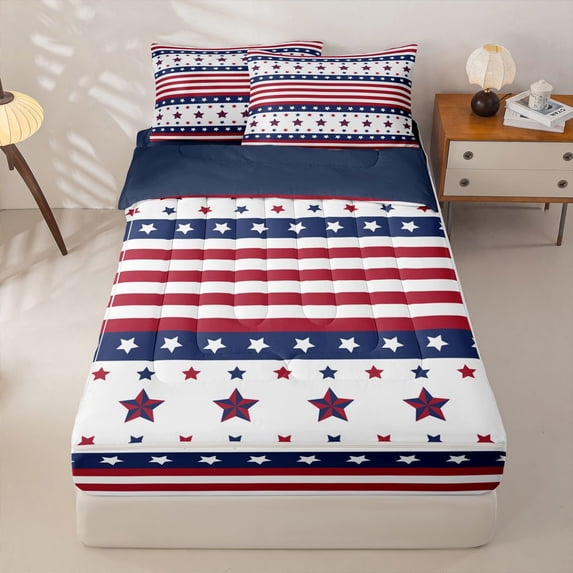 Manfei Stars Striped Zipper Twin Comforter Sets with Fitted Sheet and 2 Pillowcases,Red Navy Zipper Bedding Set,Navy Blue Reversible,4pcs