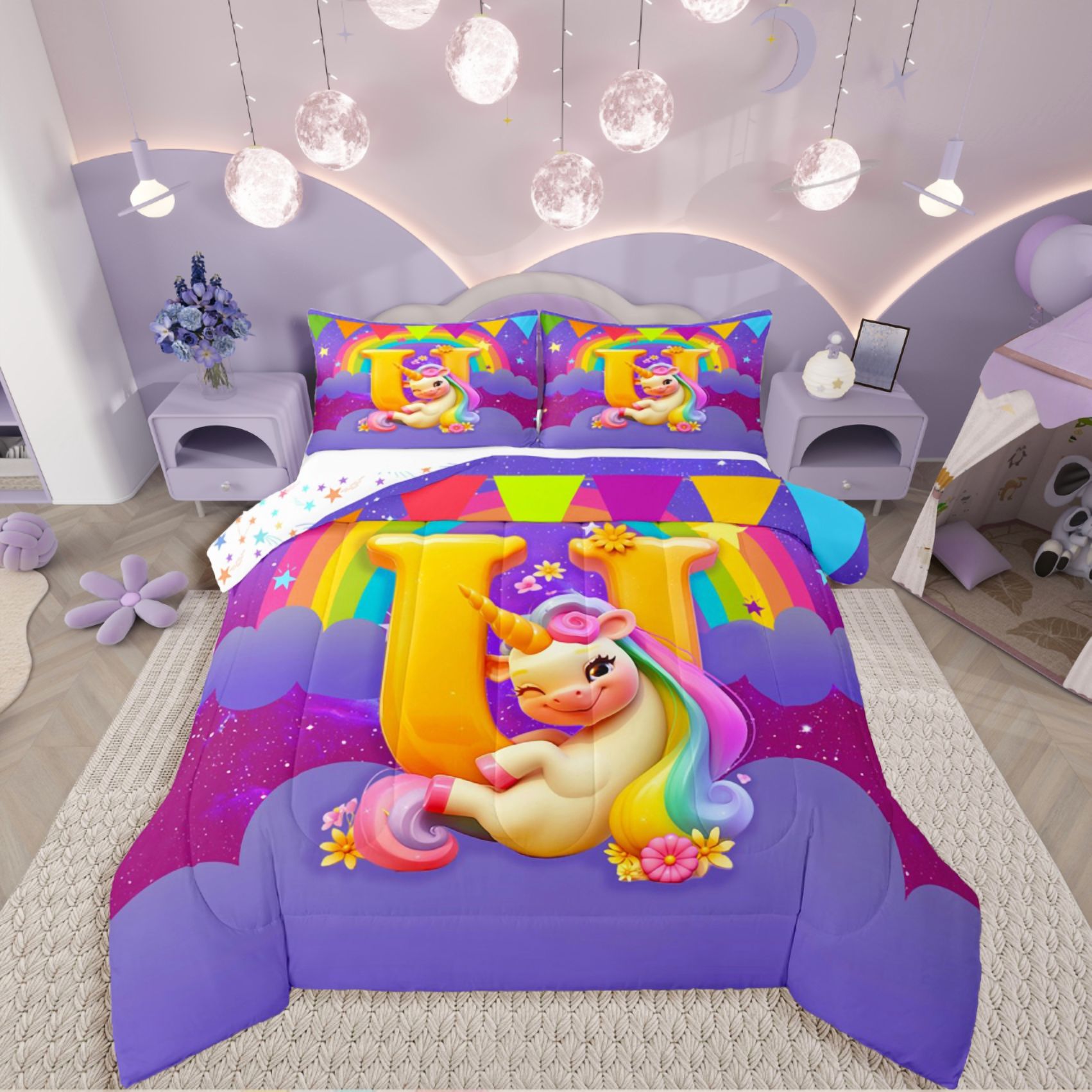 Manfei Stars Unicorn 3-Piece Full Size Comforter Sets,Colorful Rainbow ...