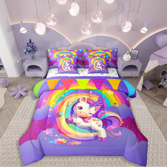 Manfei Stars Unicorn 7-Piece Bedding Comforter Set,Colorful Rainbow King Bedding Sets,Galaxy Universe Ultra Soft Bed Sheets,Super Cozy Alphabet Bedroom Decorative,Reversible