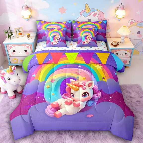 Manfei Stars Unicorn 7-Piece Twin Bedding Sets,Colorful Rainbow Bedding Comforter Set,Galaxy Universe Breathable Sheet Sets,Super Cozy Alphabet Bedroom Decorative,Reversible