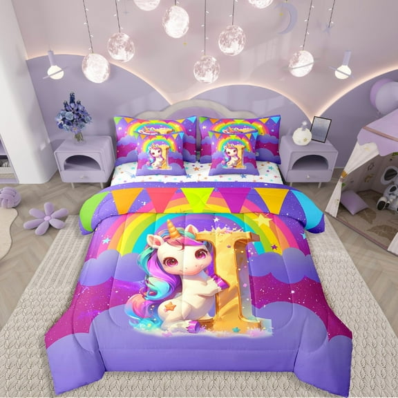 Manfei Stars Unicorn 7-Piece Twin Bedding Sets,Colorful Rainbow Bedding Comforter Set,Galaxy Universe Breathable Sheet Sets,Super Cozy Alphabet Bedroom Decorative,Reversible