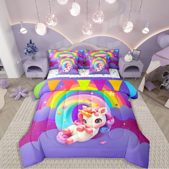 Manfei Stars Unicorn 7 Pieces Bedding Comforter Set,Colorful Rainbow Full Bedding Set Lightweight,Galaxy Universe Fitted Sheet Flat Sheet,Super Cozy Alphabet Bedroom Decorative,Reversible