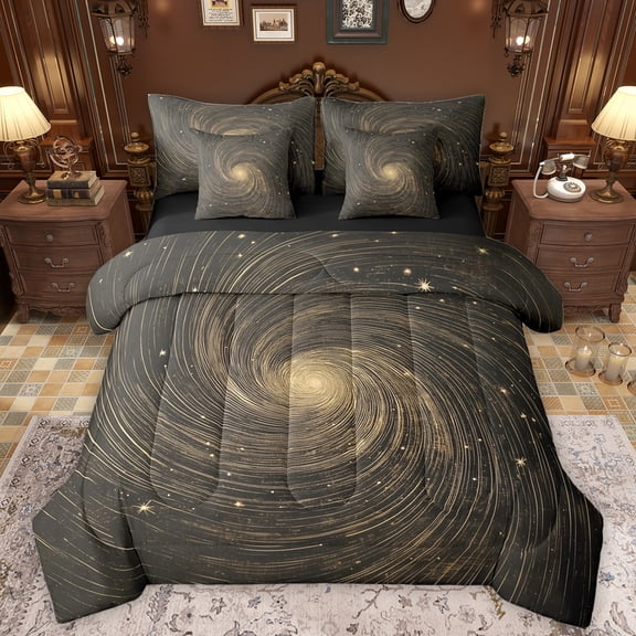 Manfei Staryy Sky 7-Piece Twin Bedding Sets,Galaxy Theme Bedding Comforter Set,Gold Black Sheet Sets For Girls Boys,Breathable Home Decor Reversible