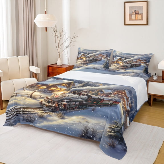 Manfei Steam Engine Train Twin Sheet Sets for Teens, Winter Farmhouse Cabin Twin Fitted Sheet, Dreamy Christmas Flat Sheet, Luxury Bedroom Decor, 3 Pieces