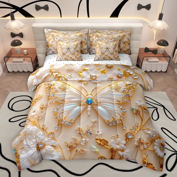 Homewish Stereoscopic Butterfly Female Bedding Comforter Set 7pcs, Flower Floral Art King Bedding Sets, Gold White Reversible Bed Sheets, Ultra Soft Bedroom Decor