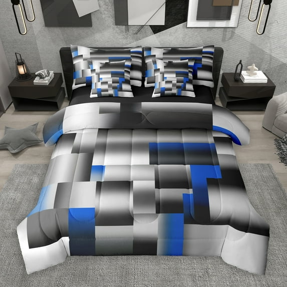 Manfei Stereoscopic Grid 7-Piece Bedding Comforter Set,Minimalism Geometric Checkered King Bedding Sets,Gray Blue Black Bed Sheets For Girls Boys,Super Cozy Room Decor Reversible