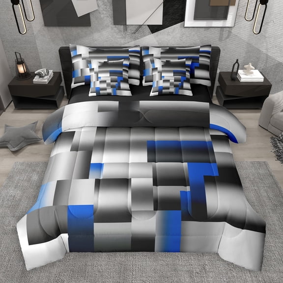 Manfei Stereoscopic Grid 7-Piece Bedding Comforter Set,Minimalism Geometric Checkered King Bedding Sets,Gray Blue Black Bed Sheets For Girls Boys,Super Cozy Room Decor Reversible
