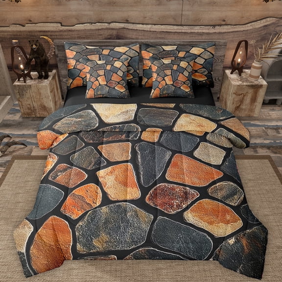 Manfei Stone Artistic 7pcs Bedding Comforter Set,Rustic Western Queen Bedding Sets,Colorful Stones Queen Sheet Sets For Adults,Luxury Bedroom Decor Reversible