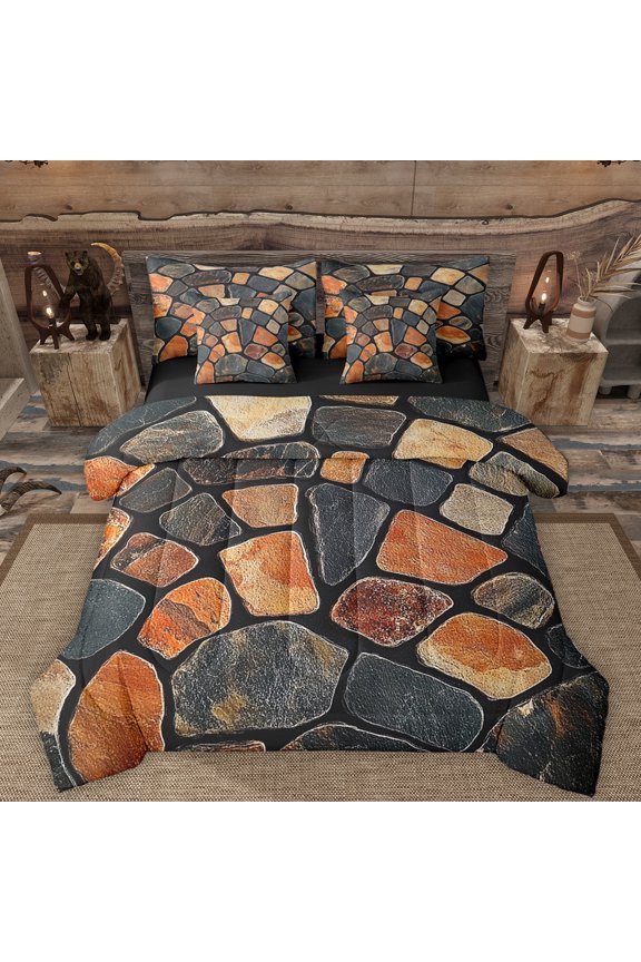 Stone Artistic 7pcs Bedding Comforter Set,Rustic Western Queen Bedding Sets,Colorful Stones Queen Sheet Sets For Adults,Luxury Bedroom Decor Reversible
