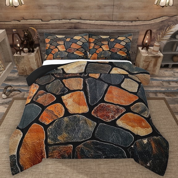 Manfei Stone Artistic Queen Comforter Set,Rustic Western Bedding Sets,Colorful Stones Bedding Comforter Set For Adults,Luxury Bedroom Decor Reversible,3-Piece