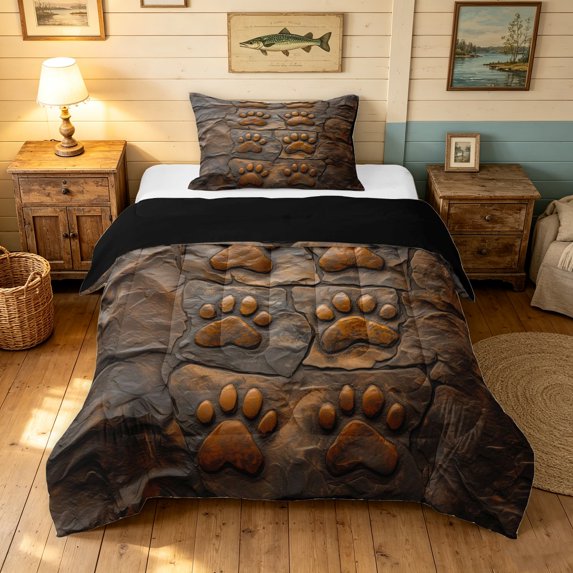 Manfei Stone Carved Paw Twin Comforter Sets, Rustic Animal Footprint Bedding Set, Dark Brown, Black Reversible, 2pcs, 1 Comforter and 1 Pillowcase