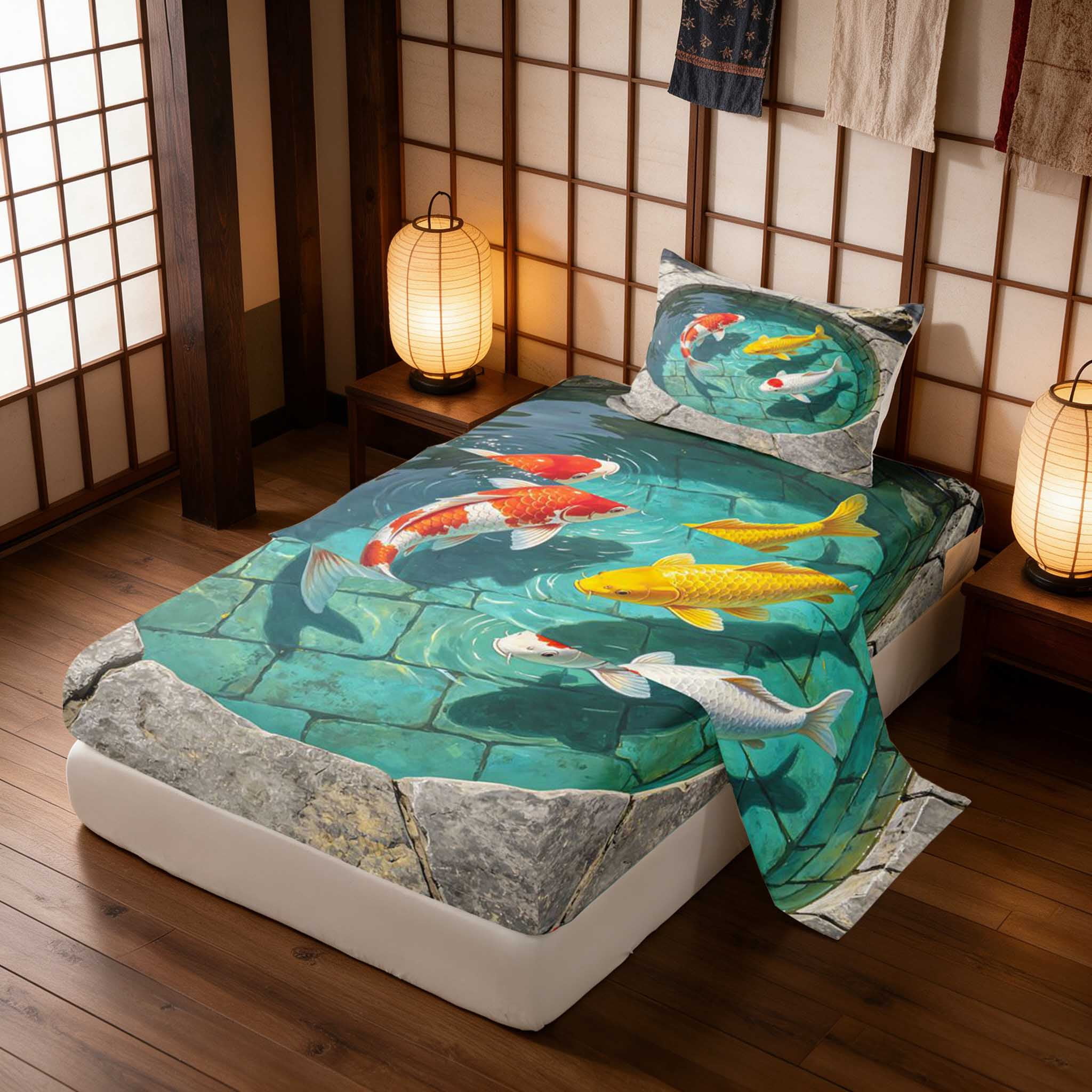 Manfei Stone Pond Twin Sheets, Golden Koi Fish Bedding 3 Pieces (1 Flat ...