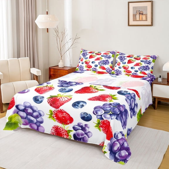 Manfei Strawberry Blueberries Grapes 3pcs Twin Sheet Sets for Teens Female,Fresh Nature Fruit Twin Fitted Sheet,Spring Summer Harvest Breathable Flat Sheet,Luxury Bedroom Decor