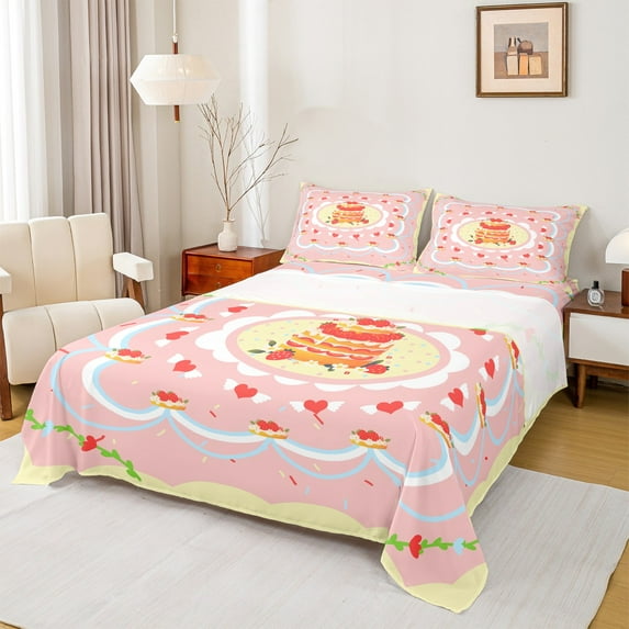 Manfei Strawberry Cake Full Size Sheets, Cute Pink Bed Sheets, Girls Happy Birthday Sheet Sets, Breathable Home Decor 4pcs