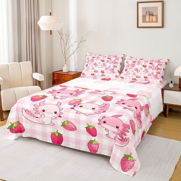 Manfei Strawberry Checker Bed Sheets,Cute Axolotl Full Size Sheets For Girls,Pink White,4pcs,1 Flat Sheet,1 Fitted Sheet and 2 Pillowcases