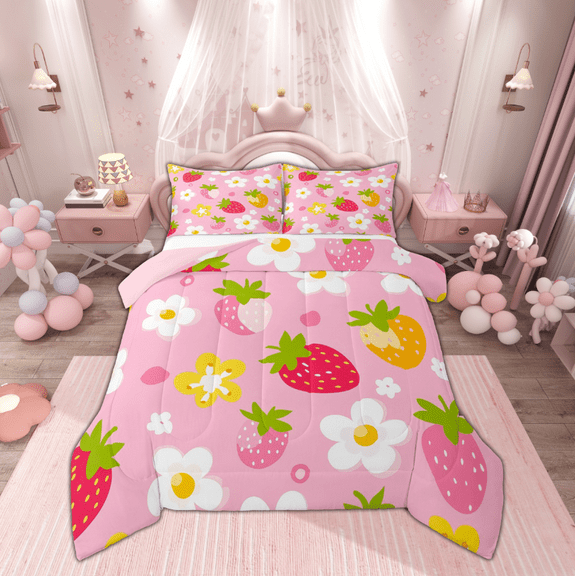 Manfei Strawberry Child Bedding Comforter Set, Cartoon Fruit Print Twin Comforter Sets, Pink Blossoms Floral Reversible Bedding Set, Lightweight Room Decor, 2-Piece