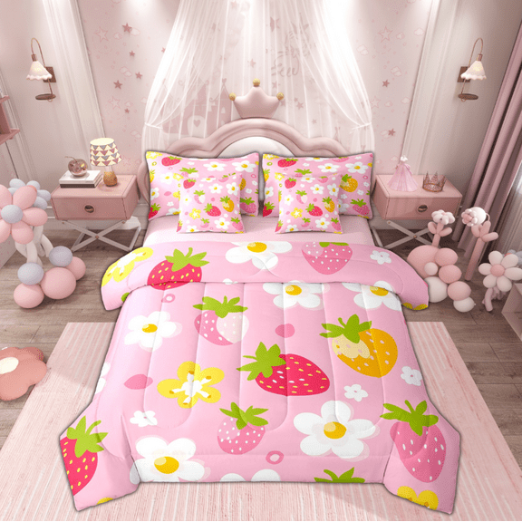 Manfei Strawberry Child Twin Bedding Sets 7-Piece, Cartoon Fruit Print Bedding Comforter Set, Pink Blossoms Floral Reversible Sheet Sets, Lightweight Room Decor