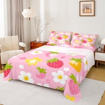 Manfei Strawberry Child Twin Sheet Sets, Cartoon Fruit Print Twin Fitted Sheet, Pink Blossoms Floral Flat Sheet, Lightweight Room Decor, 3-Piece
