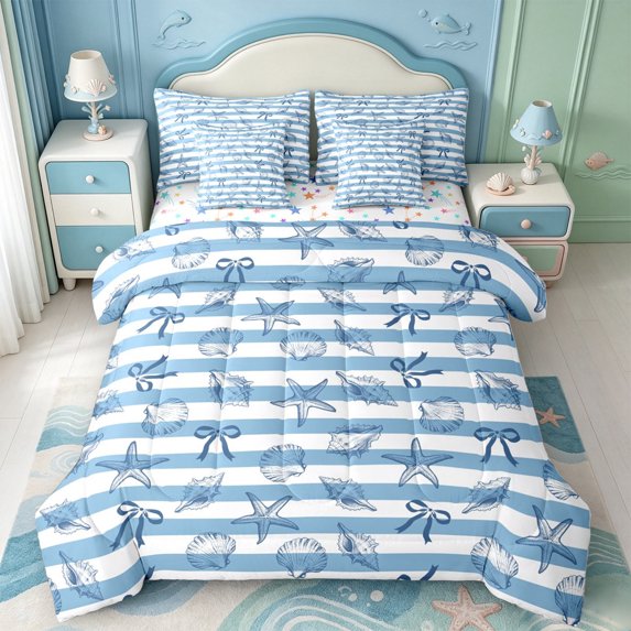 Manfei Stripe Seashell Bow 7 Pieces Full Size Bedding Sets,Conch Starfish Nautical Full Size Bed in a Bag,Colorful Stars Reversible