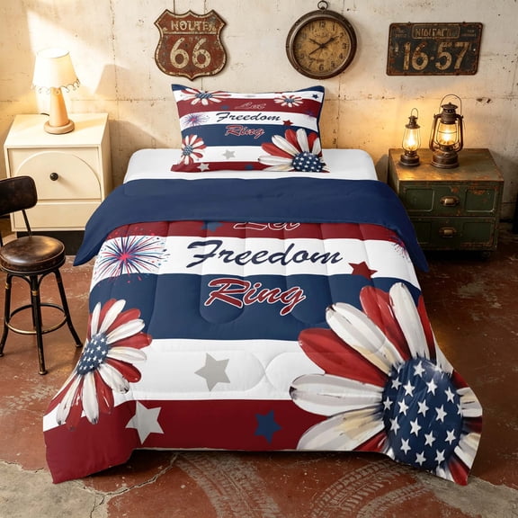 Manfei Striped Daisy Twin Comforter Sets, Let Freedom Ring Print Bedding Set, Red White Blue, Navy Reversible 2pcs, 1 Comforter and 1 Pillowcase