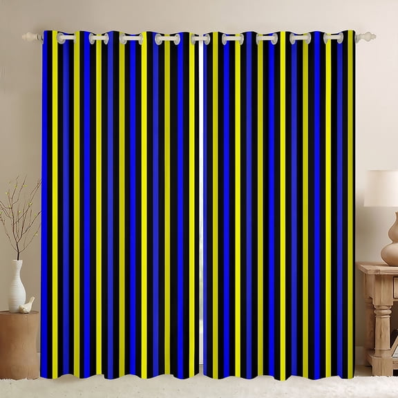 Manfei Stripes Lines Curtains Pack of 2 (42x84 Each),Modern Geometric Aesthetic Curtains Blackout,Deepblue Black Yellow Bedroom Curtains For Children,Microfiber Bedroom Decor