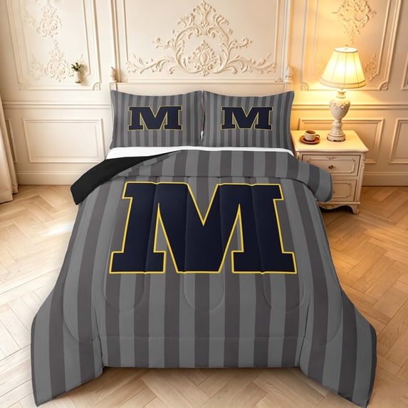 Manfei Stripes Monogrammed M King Size Comforter Sets,Black,3pcs,1 Comforter and 2 Pillowcases