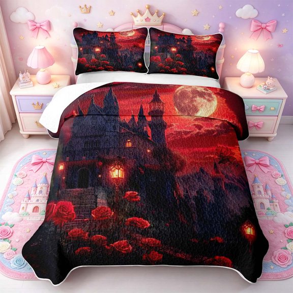 Manfei Stylish Rose Bed Spread Queen,Magical Castle Queen Coverlet Set,3 Pieces,1 Quilt and 2 Pillowcases