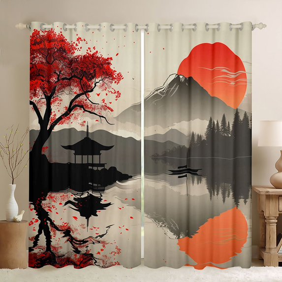 Manfei Stylized Fuji Black Out Curtains for Girls, Red Sun Lake Curtains Pack of 2 (42x63 Each), Black Red Gray