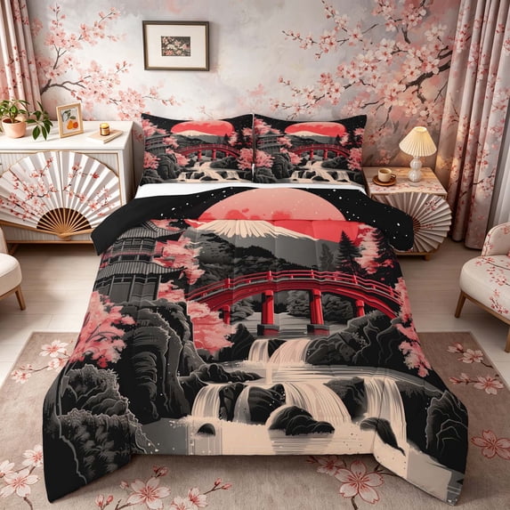 Manfei Stylized Fuji Full Size Comforter Sets for Girls, Red Moon Waterfall Bedding Sets, Black Pink, Black Reversible 3-Piece, 1 Comforter and 2 Pillowcases