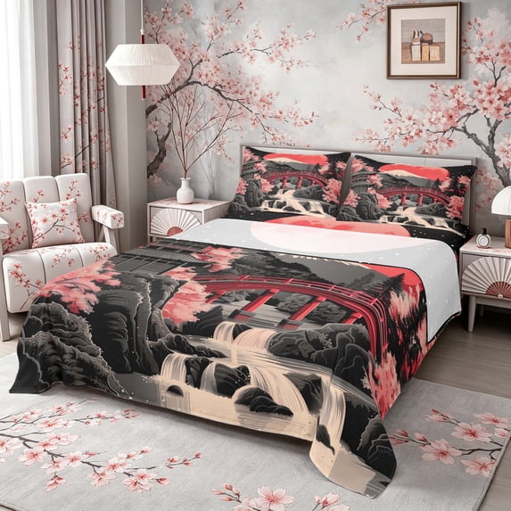 Manfei Stylized Fuji Full Size Sheets for Girls, Red Moon Waterfall Bed Sheets, Black Pink 4-Piece, 1 Flat Sheet, 1 Fitted Sheet and 2 Pillowcases